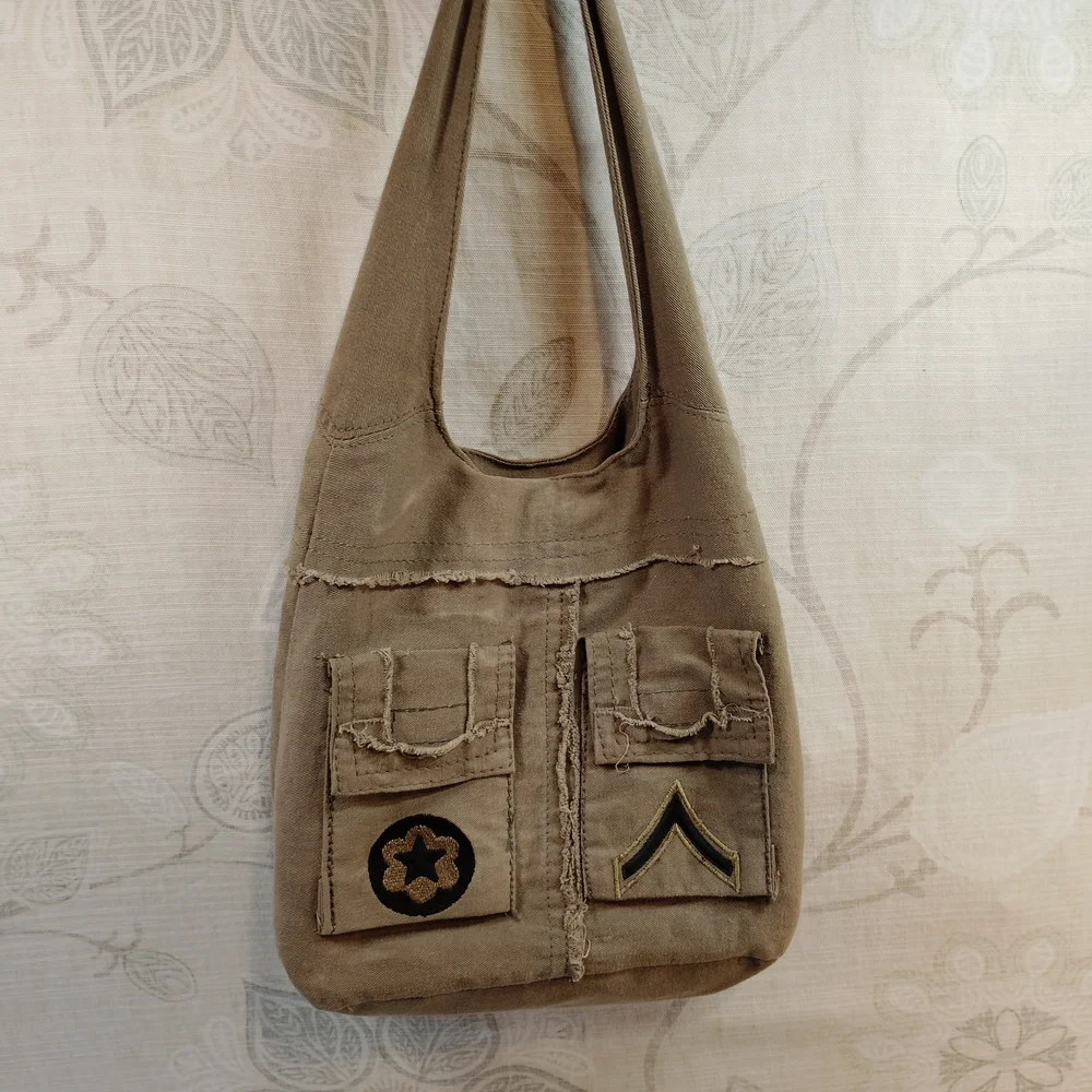 Army Green Shoulder Bag with Patches - Picture 1 of 4